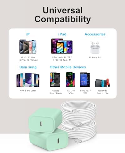 20 W USB-C Wall Charger for i Phone 16 & 15 – Fast Charging Dual Pack with 6 FT Type-C Cable – Optimized Power Delivery for i Pad Pro and More – Compact, Durable, and Travel-Friendly Charging Solution for Home and On-the-Go Use