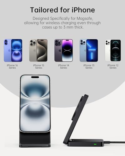 Mag Safe Foldable Wireless Charger Stand for i Phone 12-16 Series – 15 W Fast Charging with Adjustable Viewing Angles, Space-Saving Design, and Enhanced Magnetic Stability – Black – Ultimate Charging Solution for Home and Office Use