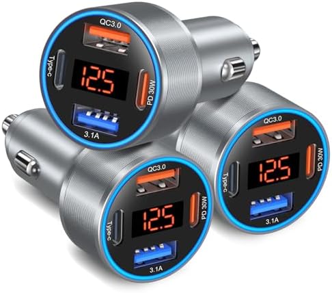 High-Power USB C Car Charger with Real-Time Voltage Display – 3-Pack 65 W Fast Charging Adapter for i Phone, Samsung, Android & Tablets – Dual USB-A & USB-C Ports for Maximum Versatility – Lightweight & Durable Cargador Carro with Enhanced Safety Features