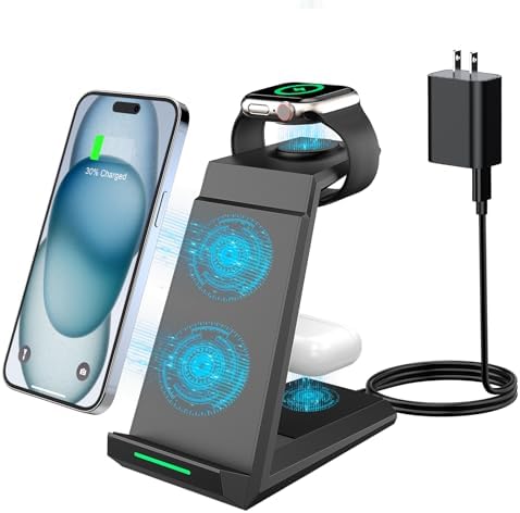 Revolutionize Your Charging Experience with the ADADPU 3-in-1 Wireless Charging Station for i Phone, Apple Watch, and Air Pods – Seamlessly Power Up Your i Phone 16 Pro Max, 15, 14, 13, 12, 11 Pro Max, XR, 8 Plus, and Watch Series 2-8 with Included 5 ft Cable and Adapter – Stylish, Space-Saving Design for Effortless Organization and Rapid Charging Efficiency