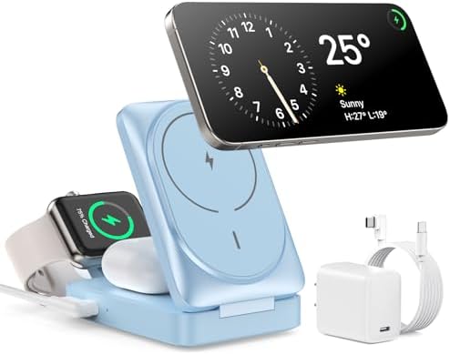 3-in-1 Qi2 Certified Wireless Charging Station – 15 W Fast Magnetic Charger for i Phone 16/15/14/13/12, Apple Watch, Air Pods – Foldable Design with 30 W USB-C Adapter for Ultimate Compatibility and Efficiency – Elevate Your Charging Experience with Enhanced Safety Features and Versatile Viewing Angles