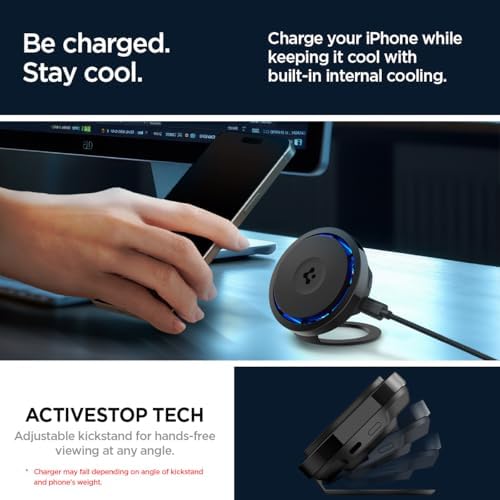 Experience next-level charging with the Spigen One Tap Pro 3 Cryomax (Mag Fit) Qi2 Wireless Charger, featuring a powerful 15 W output and advanced cooling technology. This sleek black Mag Safe compatible charging stand is tailored for i Phone models 12 through 16, ensuring effortless alignment and secure attachment. Engineered for efficiency, it boasts an integrated cooling fan to prevent overheating during rapid charge cycles, extending your device’s lifespan. The innovative sleep-friendly light provides a gentle glow for unobtrusive night charging, making it ideal for bedrooms or offices. Elevate your tech setup with this high-quality, durable accessory, designed for both style and functionality. Enjoy peace of mind with enhanced compatibility and rapid power delivery, all while maintaining optimal device temperature. Transform your charging routine with the Spigen One Tap Pro 3 Cryomax, where performance meets convenience.