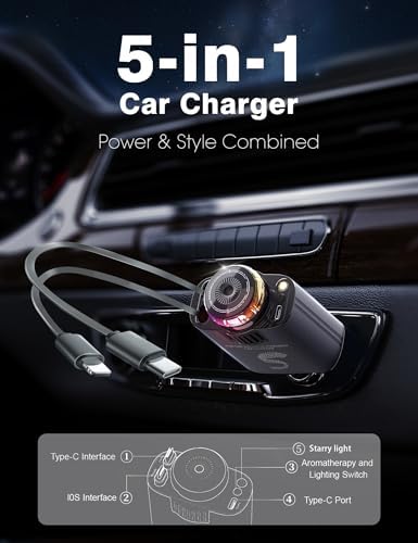 Innovative Retractable Car Charger with USB-C Fast Charging 120 W and Aromatherapy Starlight – Ultimate Travel Companion for i Phone 16 to 11, Stylish Cigarette Lighter Adapter for Men and Women – Perfect Gift for Road Trips and Daily Commutes with Enhanced Compatibility and Efficiency