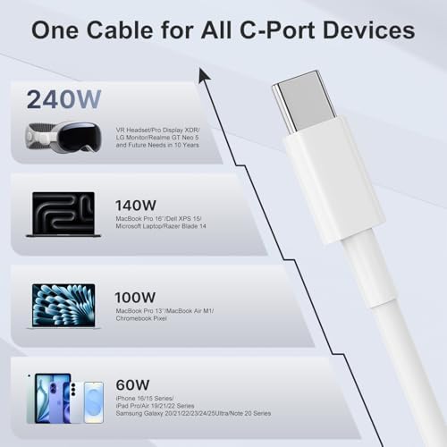 240W USB C Charging Cable for MacBook Pro/Air & for iPhone 16/15 Pro Max, MFi Certified 48V/5A Super Fast Charger Cord 6ft, PD 3.0 Compatible with iPad Pro 12.9/11, Samsung S25/S24(2-Pack) – Enhanced Compatibility and Speed