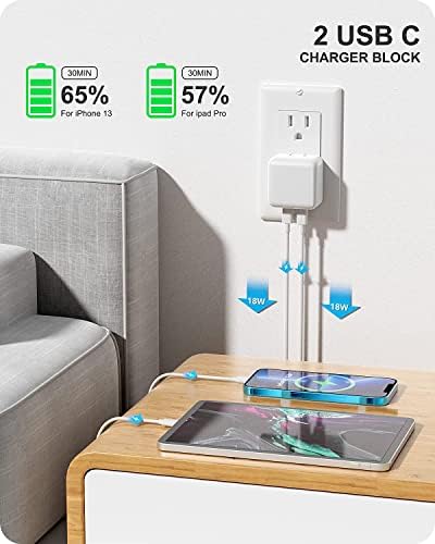 MFi Certified 35 W Dual USB-C Power Adapter for i Phone 13/14 – Compact Foldable Fast Charger with 2 x 6.6 FT USB-C to Lightning Cables for Rapid Charging and Enhanced Compatibility – Ideal Travel Solution for Apple Devices