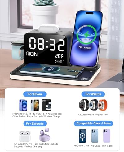 Dual 7-in-1 Wireless Charging Station for Apple Devices – Fast 33 W Dual i Phone Charger with Adjustable Touch Lighting, Bluetooth Time Sync, and Multifunctional Compatibility for i Phone 16/15/14/13/12, Apple Watch, and Air Pods – Enhanced Safety Features and User-Friendly Design