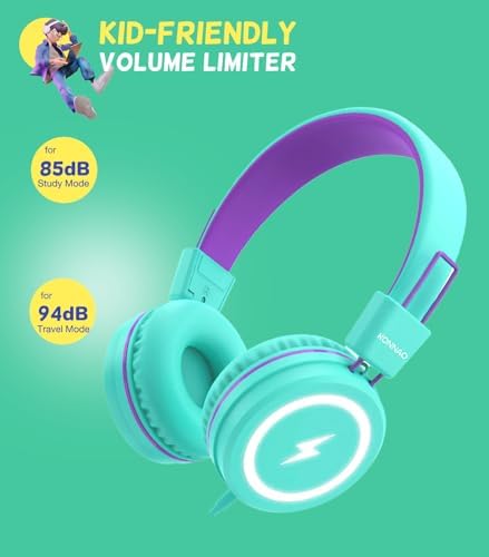 Kid-Friendly USB Type C Headphones with LED Lights – Safe Volume Limiter (85 d B/94 d B) for School Use, Foldable On-Ear Design for Comfort and Portability, Integrated Microphone for Learning and Gaming Fun – Perfect for i Pad and More
