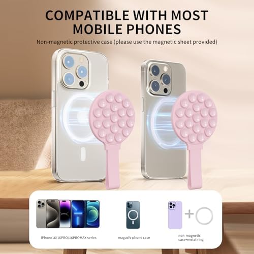 Mag Safe-Compatible Silicone Suction Cup Phone Mount with Integrated Mirror for Effortless Selfies and Video Calls – Hands-Free i Phone Accessory in Chic Pink for Ultimate Convenience and Versatility