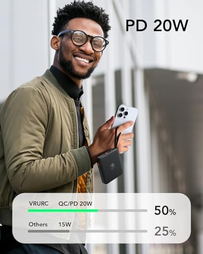 VRURC 20000 m Ah Portable Power Bank with Integrated Cables – Ultimate Travel Companion for i Phone 11-16 & Samsung Galaxy Series – Rapid 22.5 W Fast Charging Efficiency, Compact Design for On-the-Go Convenience – Essential Battery Pack for Uninterrupted Connectivity