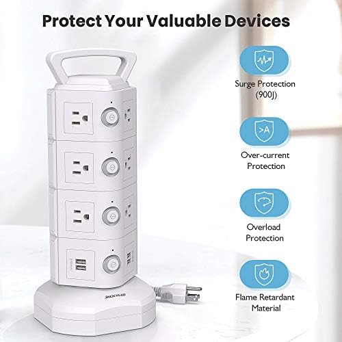 JACKYLED Power Strip Tower Surge Protector with 12 Outlets and 6 USB Ports (2 USB-C) – High-Speed Charging Station with 1050 Joules Protection, 1625 Watts, 6.5 ft Extension Cord for Enhanced Home Office Efficiency and Device Safety