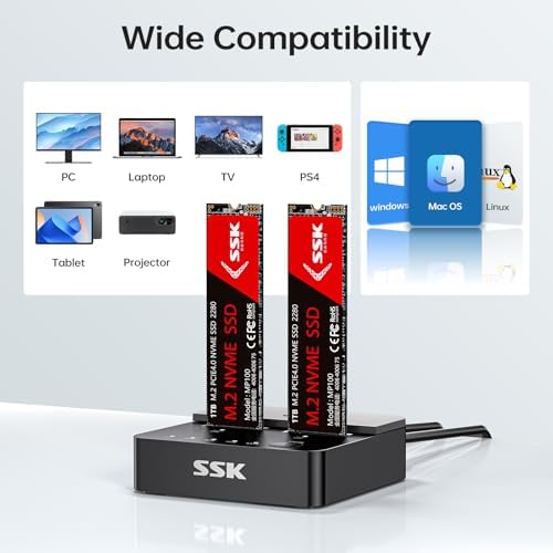 Maximize Data Management with SSK NVMe SSD Cloner – Dual Bay M.2 Duplicator Enclosure for 20 Gbps High-Speed USB3.2 Gen 2 X2, Effortless Offline Cloning for M Key PCIe NVMe SSDs, Tool-Free Setup for Seamless Backup and Expansion, Durable and User-Friendly Design for Tech Enthusiasts and Professionals
