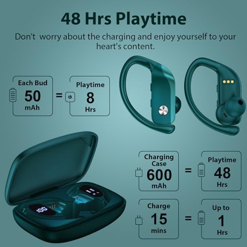 BMANI Bluetooth Wireless Earbuds – 48-Hour Playback Sport Headphones with LED Battery Display, Over-Ear Design & Secure Earhooks, Perfect for Active Lifestyles and Hands-Free Calls, Enhanced Compatibility for Seamless Device Pairing – Ideal for Workouts and Daily Commutes