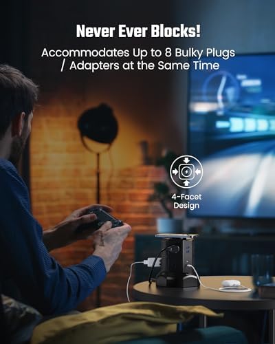 Revolutionize Your Charging Setup with SUPERDANNY Power Strip Tower – 15 W Wireless Charger, 6.5 Ft Retractable Cord, 1050 J Surge Protection, 8 Outlets & 4 USB Ports (2 USB-C) for Ultimate Home and Office Versatility
