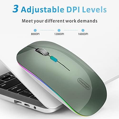 Uiosmuph G12 Slim Rechargeable LED Wireless Silent Mouse – Ultra-Portable USB Optical Computer Accessory with Type C Adapter for Seamless Compatibility and Noise-Free Operation in Blackish Green