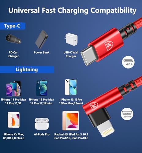 Enhanced 6 FT USB C to Lightning Charging Cable Set – MFi Certified with 90-Degree Design for Optimal Ergonomics – Fast Charging Nylon Braided Cords Compatible with i Phone 14/13/12/11/Pro Max/Plus/8/7 – 3 Pack for Home, Office & Travel Convenience