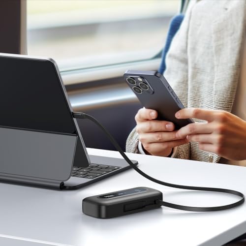 Ultra-Portable 10,000 m Ah Power Bank with Retractable Cable & USB-C to Lightning Compatibility – 30 W Fast Charging Battery Pack for i Phone 16/15/14/13 & Samsung Devices – LED Display for Easy Monitoring – Essential Travel Charger for On-the-Go Power Solutions