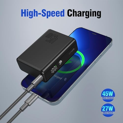 High-Speed 45 W Portable Power Bank – 10,000 m Ah Compact Charger with Dual USB-C Ports for i Phone 15, Samsung Galaxy S24/23/22, i Pad, Mac Book & More – Ultimate Travel Solution with Rapid Charging Technology