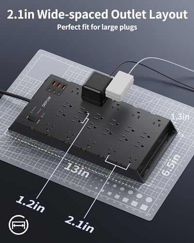 Ultra-Safe Surge Protector Power Strip with 22 Outlets, 6 USB Ports (3 USB-C) and 6.5 FT Flat Plug Cord – 2100 J Protection for Home, Office & Gaming – Wall Mountable, Enhanced Power Management Solution in Sleek Black