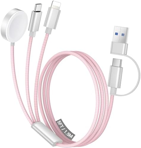 Temdan 3-in-2 USB C Charging Cable: Versatile Multi-Device Charger for Apple Watch Ultra, SE & i Phone 12-16 – Rapid Charge, Compact Travel Essential – Stylish Pink Smartwatch Accessory for On-the-Go Power Solutions