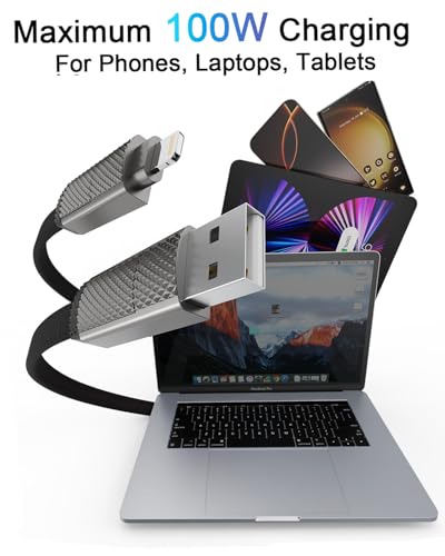 Versatile 10 FT 4-in-1 USB C Fast Charging Cable – 100 W Power Delivery with Lightning, USB-C, and USB-A Ports – Multi-Device Charger for i Phone, Samsung, Mac Book, and i Pad – Quick Data Sync and Durable Design for Ultimate Convenience