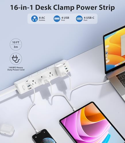 40 W Rapid Charge Desk Clamp Power Strip with 8 AC Outlets & 8 USB Ports – Versatile Surge Protector for Home & Office, Featuring 4 USB-C and 4 USB-A Ports, Secure Edge Mount Design for Tables up to 1.9 Inches, 14 AWG Heavy-Duty Cord for Optimal Performance and Safety