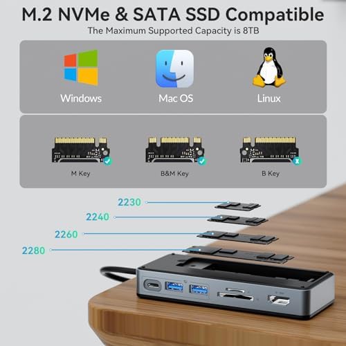 Yottamaster 8-Port USB C Hub with M.2 NVMe SSD Enclosure – High-Speed 10 Gbps USB 3.2 Adapter for Seamless Data Transfer, Stunning 4 K@60 Hz HDMI Output, 100 W Power Delivery & Dual SD/TF Readers – Ultimate Connectivity Solution for Windows & Mac Users to Boost Productivity and Enhance Workflow