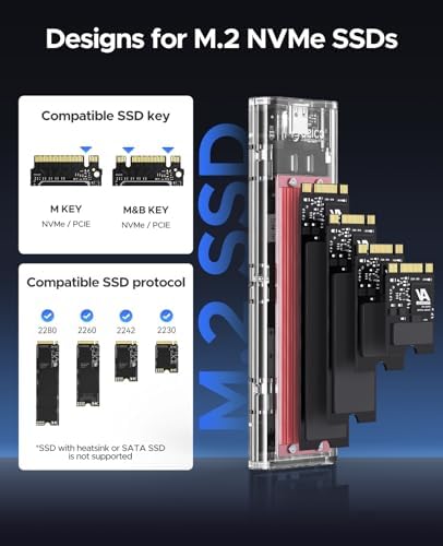 ORICO Transparent M.2 NVMe SSD Enclosure – Ultra-Fast USB 3.2 Gen 2 Adapter for PCI-E M-Key SSDs (2280/2260/2242/2230) – Lightweight and Durable External Solid State Drive Case with Tool-Free Setup and USB Type-C Support for Seamless Data Transfer