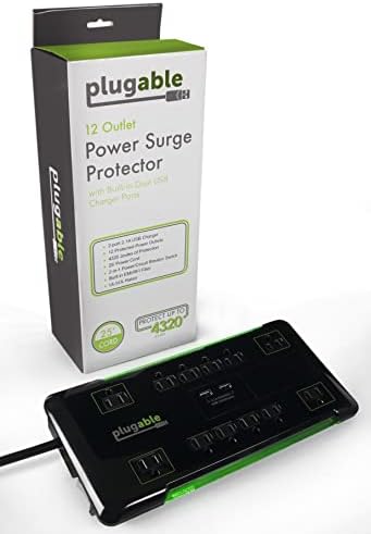 Plugable 12-Outlet Power Strip with 4320 Joules Surge Protection and 10.5 W Dual USB Charger for Fast Charging Mobile Devices – 6-Foot Cord for Flexible Placement and Enhanced Device Safety