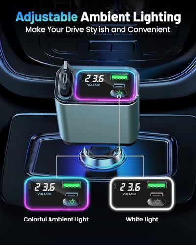 Versatile 4-in-1 Retractable Car Charger with RGB Lighting – 92 W Fast Charging USB-C Adapter for i Phone, Galaxy, and Pixel – Compact & Stylish Car Phone Charger for Effortless Power Management – Essential Car Accessory for Tech-Savvy Drivers