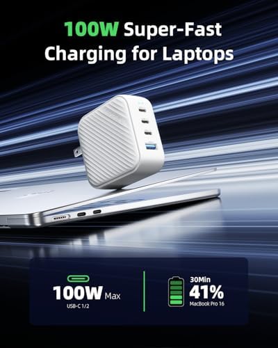 Ultra-Fast 100 W USB-C 4-Port Ga N Wall Charger – Compact and Travel-Friendly Power Adapter for Mac Book, i Phone, i Pad, Samsung Galaxy, and More – Optimal Multi-Device Charging with Foldable Plugs and Advanced Efficiency