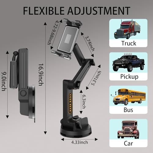 Universal Tablet Mount for Trucks & Cars – 16.9-Inch Adjustable Long Arm Suction Cup Holder | Secure Dashboard & Windshield Solution for i Pads & Tablets | Enhanced Stability for Safe Navigation & Hands-Free Operation