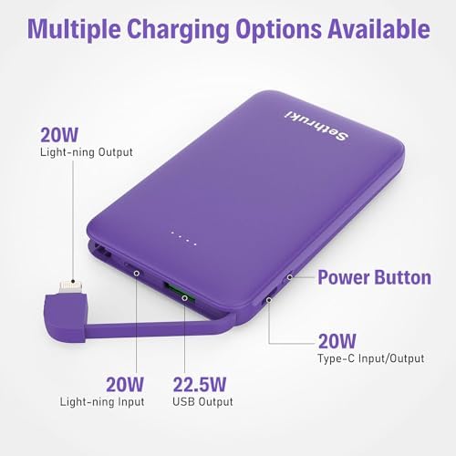 Ultra-Slim 20 W Fast Charging Power Bank with Built-in USB C Cable – 6000 m Ah Lightweight Portable Charger for i Phone 16, 15, Samsung & Android Devices – Essential Travel Battery Pack for On-the-Go Power Needs