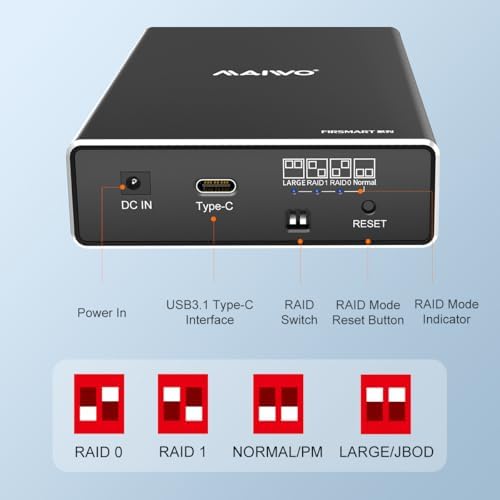 MAIWO Dual Bay RAID Hard Drive Enclosure for 2.5-Inch SATA SSDs and HDDs – USB 3.1 Gen 2 (10 Gbps) with Versatile RAID Modes (0/1/JBOD/PM) – 16 TB External Storage Solution in Durable Aluminum – Optimal Performance for Professionals and Gamers