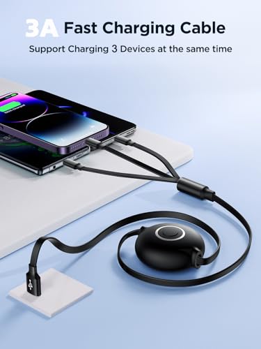 Aioneus Multi Charging Cable 3A Retractable Multi Charging Cord 3 in 1 Fast Charger Multiple Charger USB Cable with Lightning/Type C/Micro USB for Cell Phones/IP/Galaxy/PS/Tablets/iPads – Enhanced Compatibility and Speed
