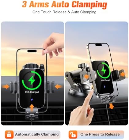 Elevate Your Driving Experience with the OBRFFE Wireless Car Charger Mount – Auto-Clamping Design for Effortless 15 W Fast Charging – Compatible with i Phone 16/15/14/13/12 Pro Max & Samsung Galaxy S25/S24+/S23 Ultra/S22/S21+ – Versatile Dash, Windshield & Vent Installation – Secure Your Device with Style and Convenience