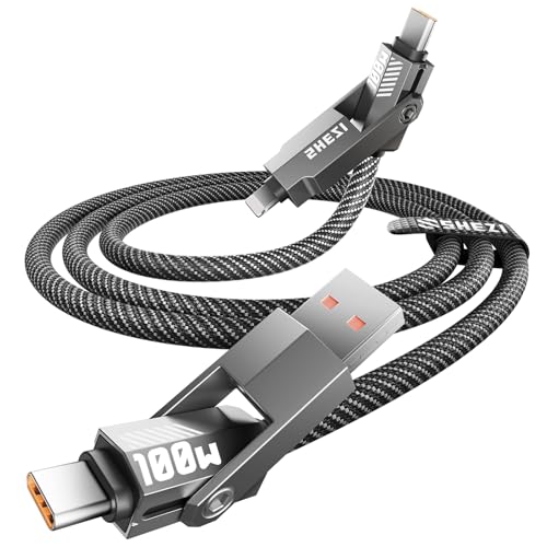 SHEZI Premium 4-in-1 5 FT USB-C Lightning Cable – Versatile Multi-Device Charging Solution with Fast Charging Capability, Durable Nylon Braided Design, and Enhanced Compatibility for i Phone, i Pad, and USB-C Devices – Stylish Grey Finish for Modern Tech Users