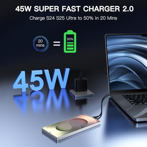 45 W Dual-Pack USB-C Fast Charger with 6 FT Cable – Universal Compatibility for Samsung Galaxy S25+/Ultra, i Phone 16/15 & More – Rapid Power Delivery with PPS Technology for Enhanced Device Efficiency