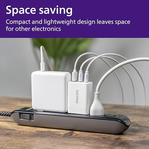 Philips 65 W Ga N Fast Charging Wall Charger – 3-Port USB-C & A Power Adapter for i Phone 15/16 Series & i Pad Pro – Compact, Foldable Design for Ultimate Portability – Efficient Multi-Device Charging Solution