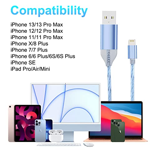 Illuminate Your Charging Experience with the 2 M/6 FT LED Lightning Charge Cable – Enhanced Apple Charger for Quick Sync and Data Transfer, Compatible with i Phone 13/12 Pro Max, 11 Pro, XR, XS Max, X, 8, 7, SE 2020, i Pad, and i Pod (Vibrant Blue) – Durable, Extra Long, Fast Charging Solution for Effortless Use in Low-Light Environments