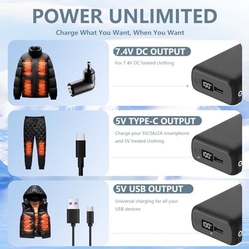 Ultimate 10000 m Ah Power Bank for Heated Vests – Versatile 7.4 V/5 V Battery Pack with DC, USB, and Type-C Outputs, Lightweight Design and LED Display for Outdoor Enthusiasts – Charge Your Devices While Staying Warm