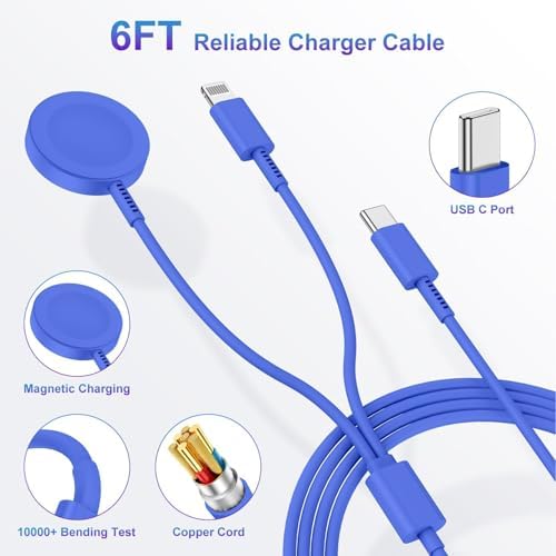 Revolutionary 2-in-1 USB C Charger for Apple Watch & i Phone – 6 FT Magnetic Fast Charging Cable with USB-C Wall Adapter – Compatible with Apple Watch Series 8/7/6/SE/5/4 & i Phone 14/13/12 – Ultimate Convenience & Enhanced Durability for On-the-Go Charging Solutions