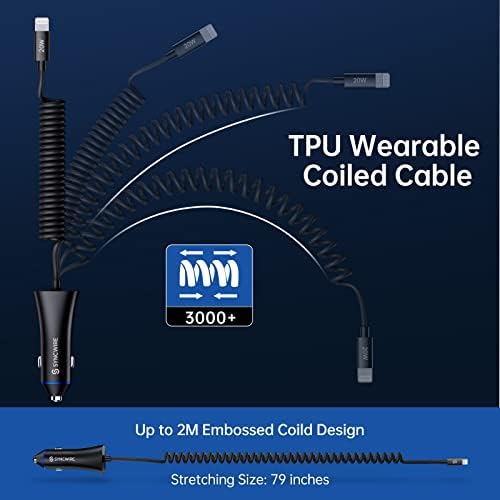 Rapid Charge Your Apple Devices with Syncwire MFi Certified 32 W Car Charger featuring Built-in 5 FT Coiled Lightning Cable – Ultimate Fast Charging Solution for i Phone 14/13/12/11/XR/Max and i Pad – Compact and Travel-Ready USB Adapter for Hassle-Free Power On-The-Go