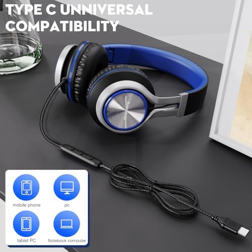 Ultimate USB C Over-Ear Headphones with Enhanced Noise Isolation and Built-In Microphone – Superior Stereo Audio for i Phone 15/16 Pro, Laptops, and Tablets – Perfect Travel Buddy in Striking Blue/Black Finish