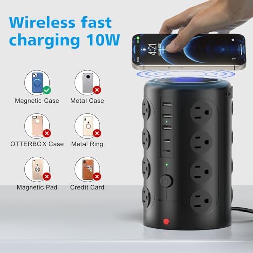 Advanced Surge Protector Power Strip with 15 W Wireless Charging Station – 16 AC Outlets & 5 USB Ports (Including 2 USB-C) for Optimal Home, Office, and Dorm Room Use – 10 FT Cord for Enhanced Flexibility and Speedy Device Charging