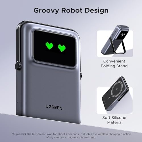 UGREEN Uno 10000 m Ah Magnetic Power Bank – Qi 7.5 W Wireless Charger with PD 20 W USB-C Fast Charging & Foldable Stand – TFT Display for Real-Time Battery Monitoring – Mag Safe Compatible for i Phone 16/15/14/13/12 – Ultra-Portable Power Solution in Sleek Black