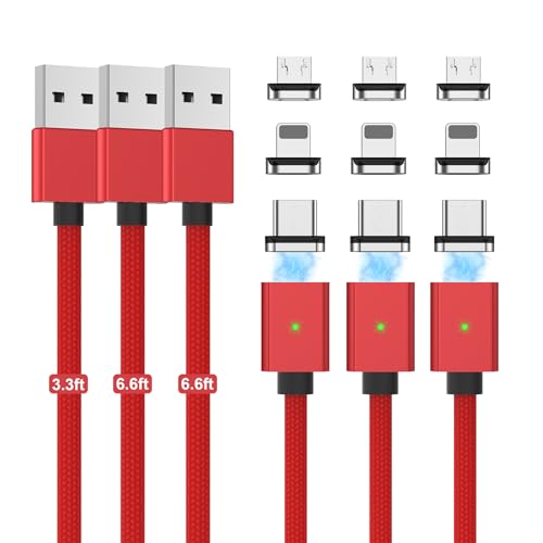 Revolutionize Your Charging Experience with the 3-in-1 Magnetic Charging Cable Set – Fast 3 A Power Delivery, Nylon Braided Durability, and LED Indicator (3 Pack: 3.3 ft, 6.6 ft, 6.6 ft) for USB-C and Micro-USB Devices – Versatile Connectivity and Effortless Use