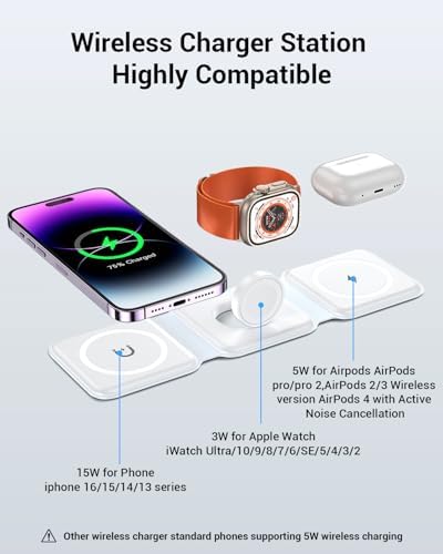 Ultimate 3-in-1 Magnetic Wireless Charging Station – Fast and Portable Mag-Safe Charger for i Phone 16/15/14/13/12 Series, Apple Watch & Air Pods with Adapter Included – Compact Design for Effortless Travel and Enhanced Device Compatibility