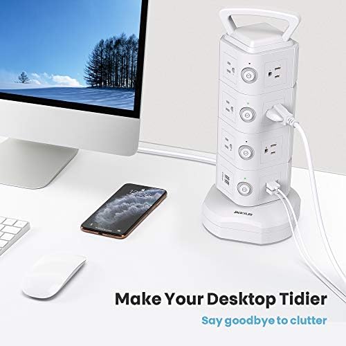 JACKYLED Power Strip Tower Surge Protector with 12 Outlets and 6 USB Ports (2 USB-C) – High-Speed Charging Station with 1050 Joules Protection, 1625 Watts, 6.5 ft Extension Cord for Enhanced Home Office Efficiency and Device Safety