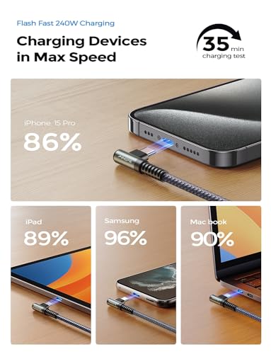 Optimize your charging setup with the AINOPE 240 W USB C to USB C Cable, a 6-foot powerhouse engineered for ultimate speed and flexibility. Featuring a right-angle connector, this fast charging cable is perfect for gaming or multitasking without the clutter of tangled cords. Compatible with the latest devices, including i Phone 16 Pro Max, i Phone 15, Mac Book Air/Pro, i Pad Pro, Samsung Galaxy, and Pixel, it delivers an impressive 240 W power output for rapid charging. The dual-pack offers exceptional value, ensuring you have a reliable charging solution wherever you go. Built with premium materials for durability, the sleek grey and blue design enhances your tech aesthetic while providing long-lasting performance. Elevate your device charging experience with this versatile cable, designed for both home and office use, while ensuring seamless connectivity across all your electronics.