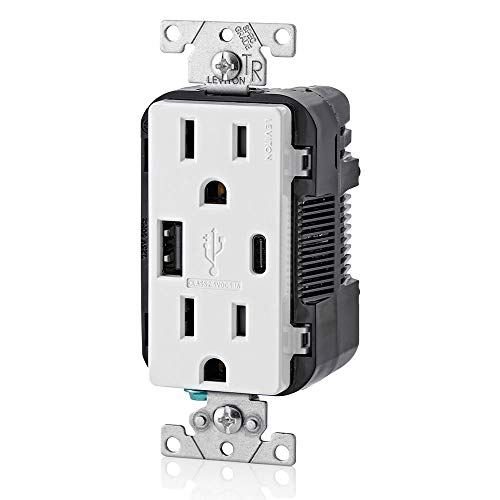 Leviton 60 W Dual USB Type A/Type-C In-Wall Charger – Fast, Efficient Power Delivery Solution for Smartphones, Tablets & Laptops – Tamper-Resistant Outlet in Light Almond for Safe, Clutter-Free Charging Experience – Perfect for Home and Office Use